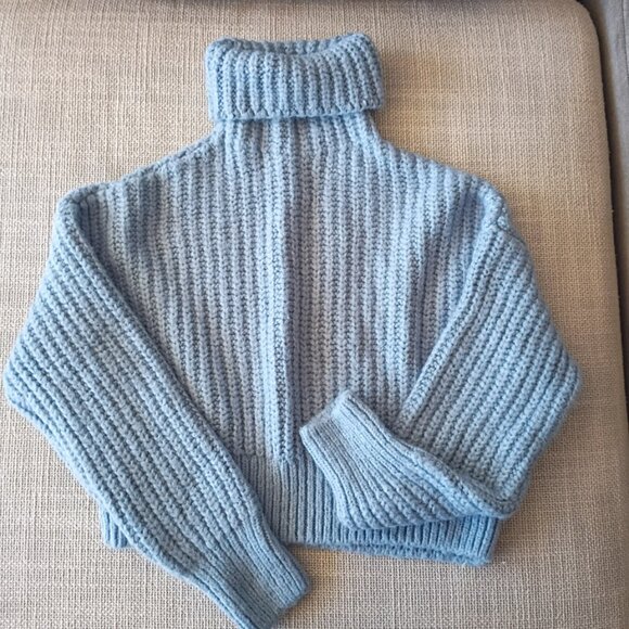 ZARA Light Blue Chunky Knit Turtleneck Sweater | Size S - Picture 2 of 8
